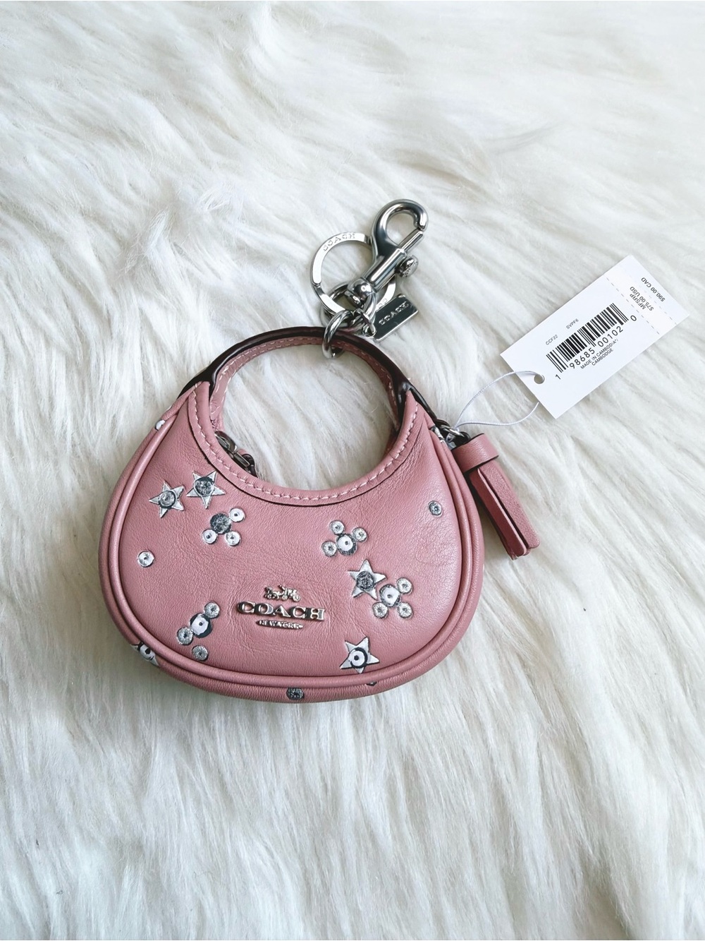 NWT Coach CCF22 Mini Carmen Bag Charm With Star Print In Dusty Pink Silver